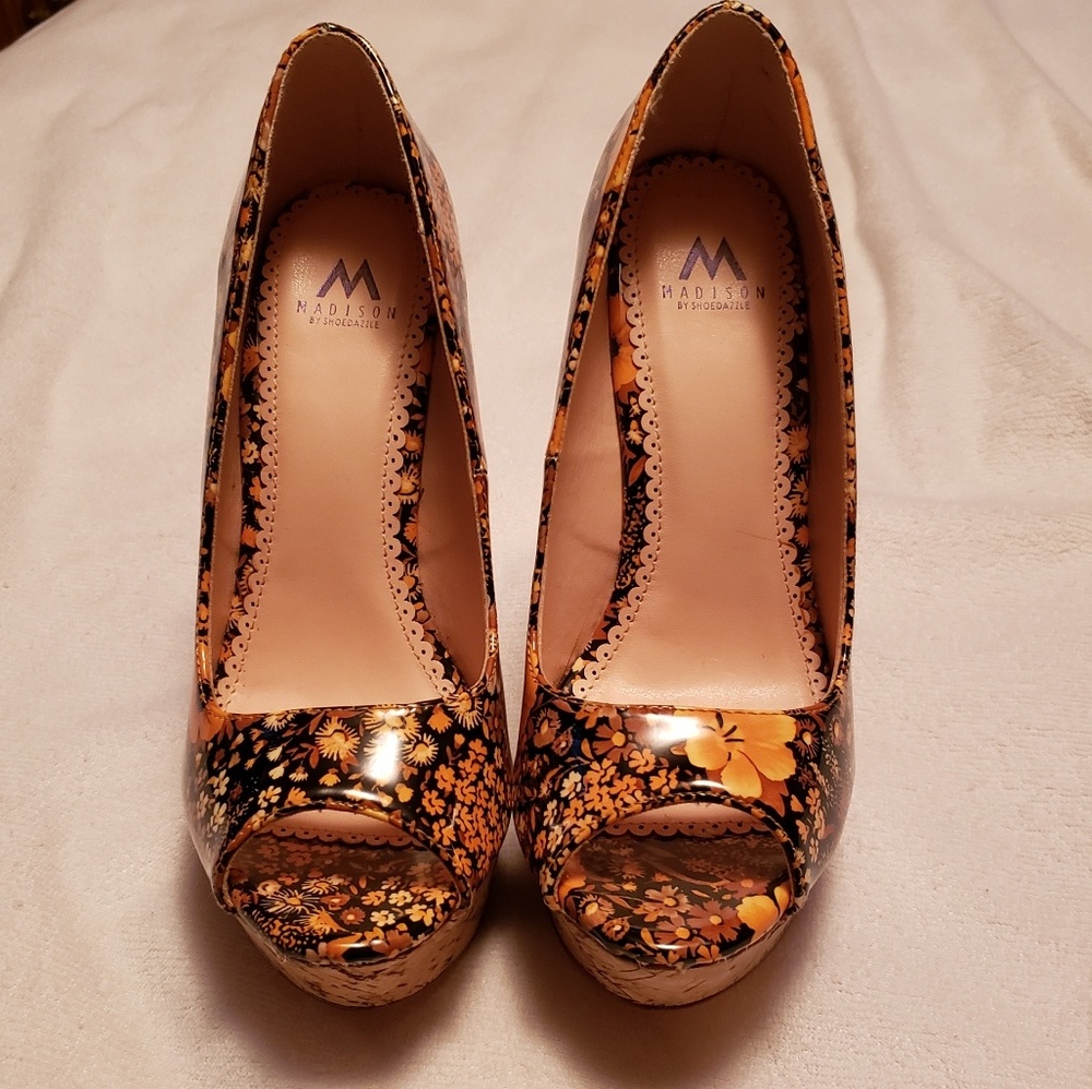 Flowered platform wedges.